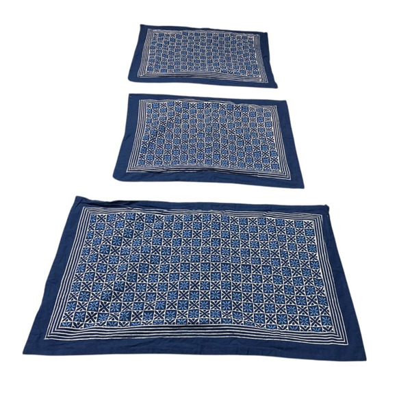 SAFFRON MARIGOLD Pillow Shams 3pc Blue Batik Hand Printed Fair Trade Cotton - Picture 1 of 4